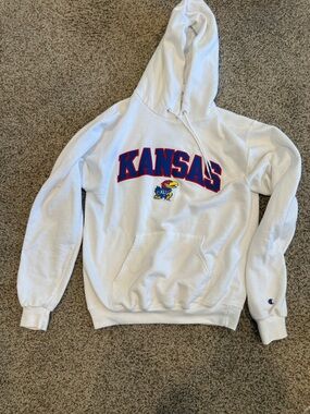 Champion White Hoodie with Red & Blue Kansas Arch and Jayhawk